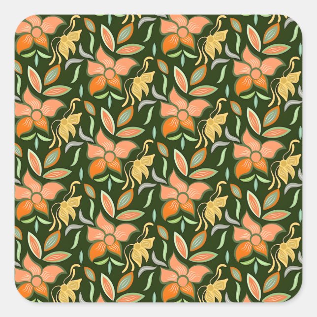 Rich Floral Pattern: Peach Flowers and Green Leave Square Sticker (Front)