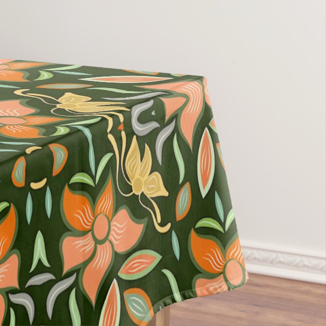 Rich Floral Pattern: Peach Flowers and Green Leave Tablecloth (In Situ)