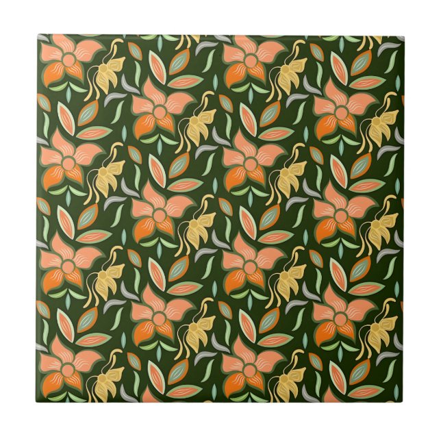Rich Floral Pattern: Peach Flowers and Green Leave Tile (Front)