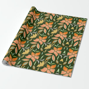Rich Floral Pattern: Peach Flowers and Green Leave Wrapping Paper