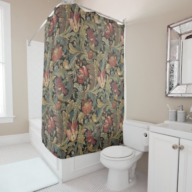 Rich Floral Tapestry Brocade Antique Classic Shower Curtain (In Situ)