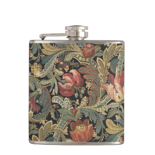 Rich Floral Tapestry Brocade Antique Victorian Hip Flask
