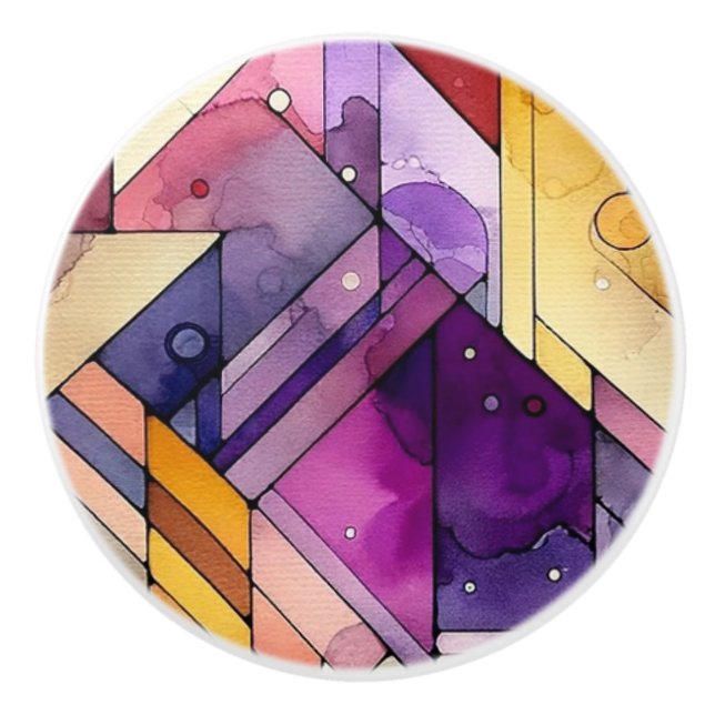 Rich Geometric Mosaic Stained Glass Watercolor Ceramic Knob (Front)