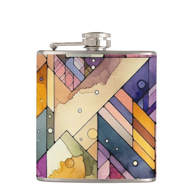Rich Geometric Mosaic Stained Glass Watercolor Hip Flask (Front)
