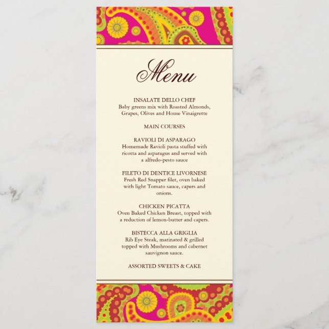 Rich Gold Paisley Pattern Party Menu Card (Front)