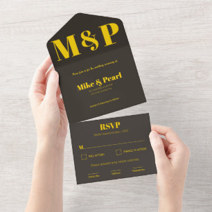 Rich Golden in Black Wedding Theme All In One Invitation