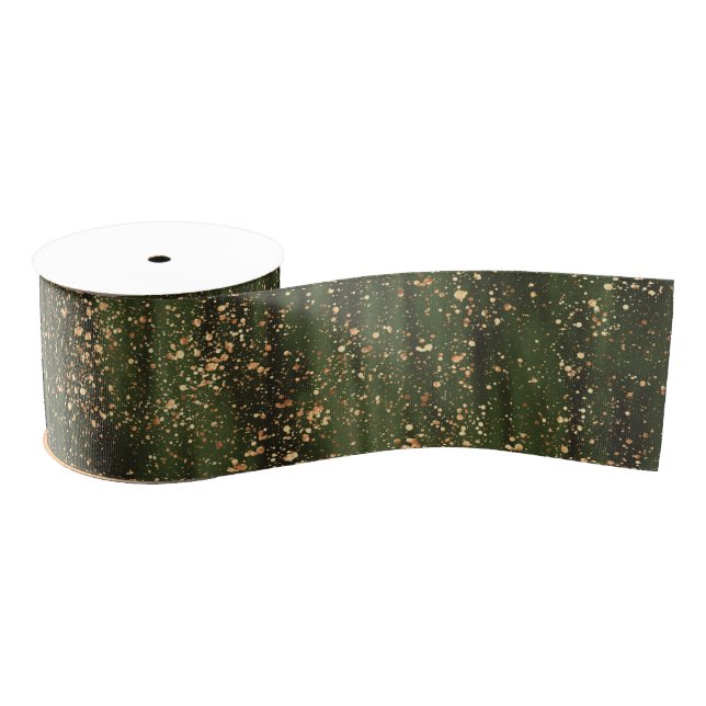 Rich Green and Gold Abstract Sparkle Pattern Grosgrain Ribbon (Spool)