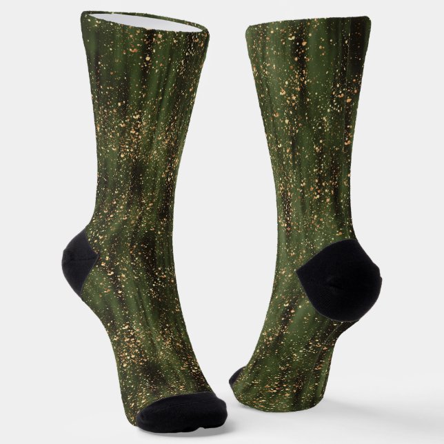 Rich Green and Gold Abstract Sparkle Pattern Socks (Angled)