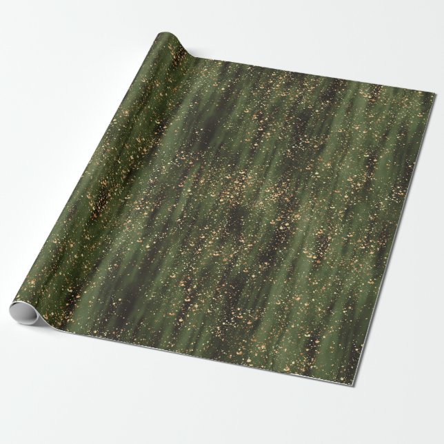 Rich Green and Gold Abstract Sparkle Pattern Wrapping Paper (Unrolled)