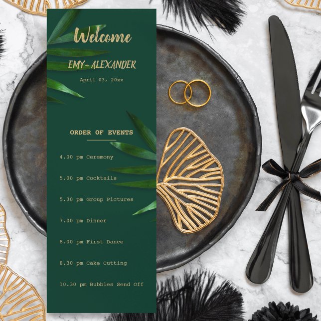 Rich Green Golden Theme Program Programme (Wedding timeline card in a Nature green theme )
