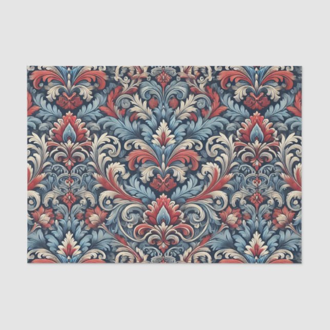 Rich hues of red and blue damask pattern  tissue paper (Front)