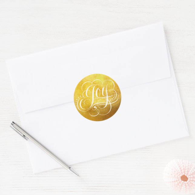Rich JOY to the World Heavy Gold Foil Calligraphy Classic Round Sticker (Envelope)