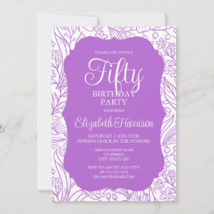 Rich Lilac White Flora Woman 50th Birthday Party Invitation