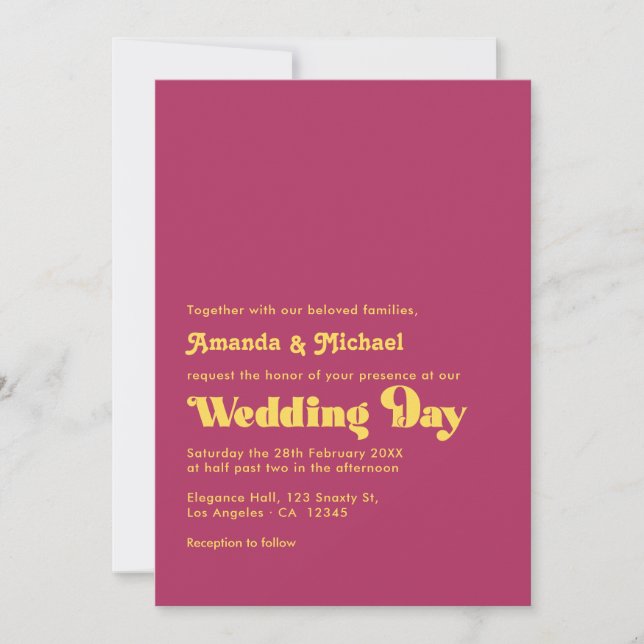 Rich Maroon and Mustard Retro Typography Wedding Invitation (Front)