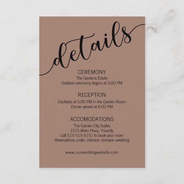 Rich Mocha Black Script Wedding Details  Enclosure Card (Front)