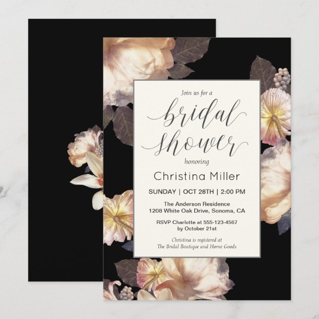 Rich Moody Floral Elegant Bridal Shower Invitation (Front/Back)