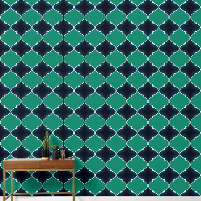 Rich navy blue and peacock green moroccan pattern wallpaper (Hallway)