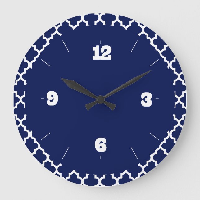 Rich Navy Blue and White Quatrefoil Pattern Large Clock (Front)