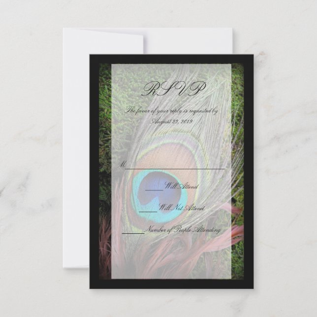 Rich Peacock Feather with Green Moss RSVP Card (Front)
