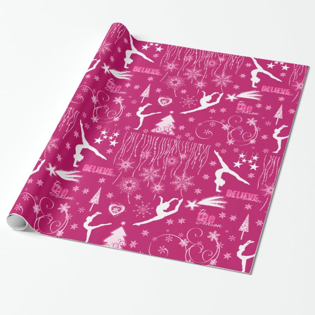 Rich Pink and White Festive Gymnastics Christmas Wrapping Paper (Unrolled)