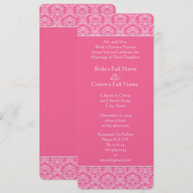 Rich Pink Damask Swirls Wedding Invitation (Front/Back)