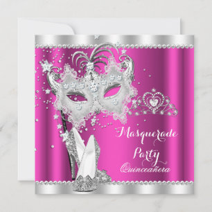 Rich Pink Masquerade Quinceanera Mask Hi Heels Invitation