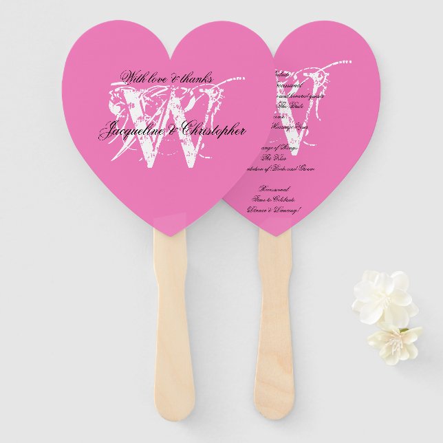 Rich Pink & White Monogram Chic Wedding Program Hand Fan (Front and Back)