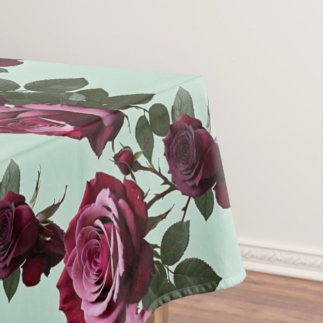 Rich Purple And Deep Red Roses On A Mint Green Tablecloth (In Situ)