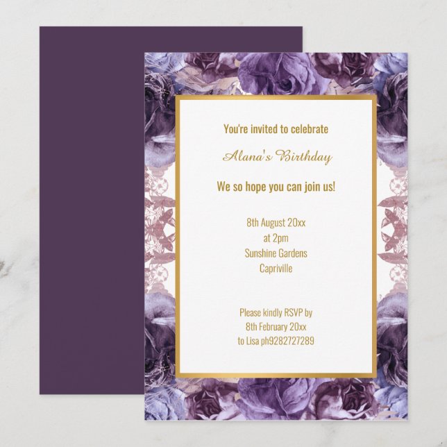 RICH PURPLE LILAC WHITE FLORAL STYLE BIRTHDAY INVITATION (Front/Back)