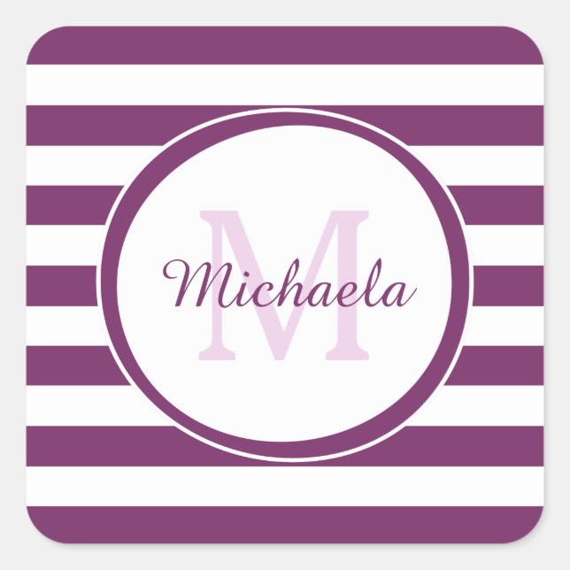Rich Purple Monogram with Chunky Graphic Stripes Square Sticker (Front)
