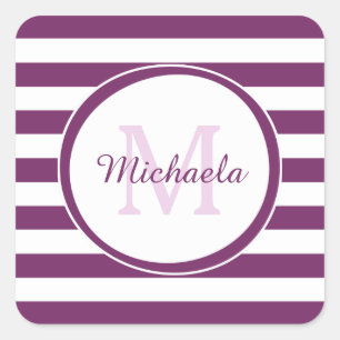 Rich Purple Monogram with Chunky Graphic Stripes Square Sticker