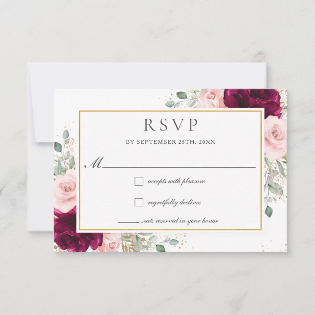 Rich Raspberry Blush Pink Roses Floral Wedding   RSVP Card (Front)