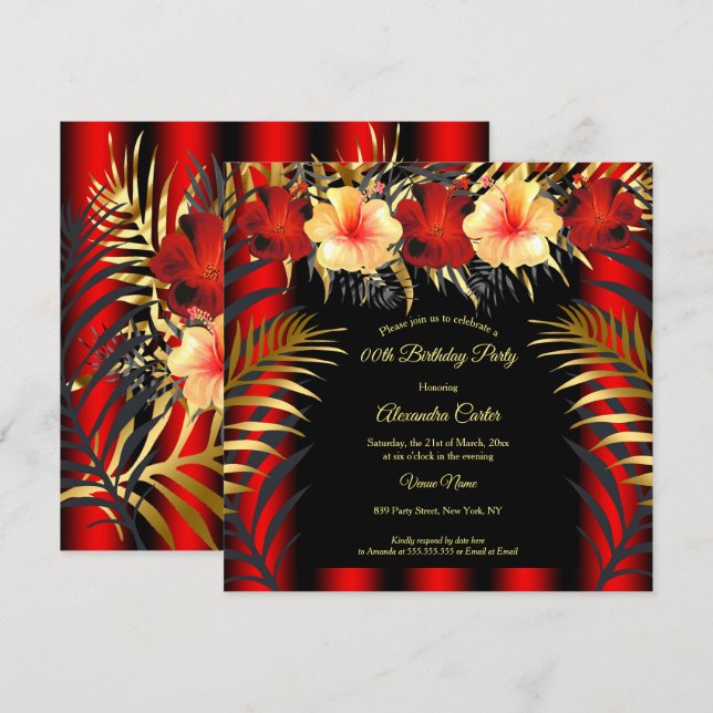 Rich Red Black Gold yellow Hibiscus Floral Party Invitation (Front/Back)
