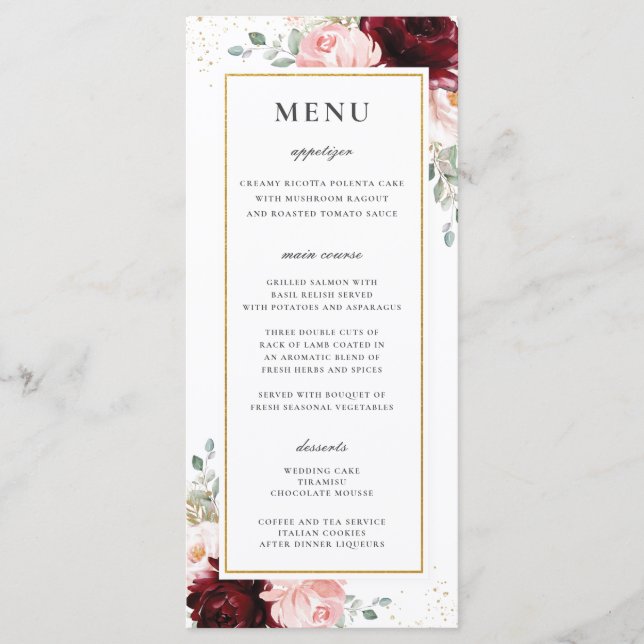 Rich Red Burgundy Blush Pink Floral Wedding Menu (Front)