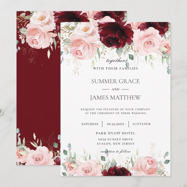 Rich Red Burgundy Blush Pink Roses Floral Wedding  Invitation (Front/Back)