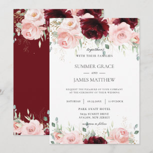 Rich Red Burgundy Blush Pink Roses Floral Wedding Invitation