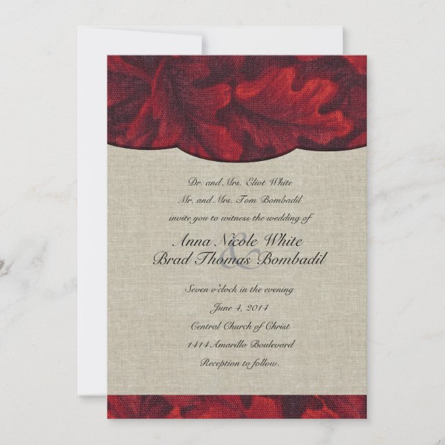 Rich Red Fabric Leaves & Linen Wedding Invitation (Front)