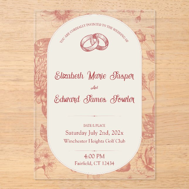 Rich Red French Floral Toile Floral  Acrylic Invitations (Front)