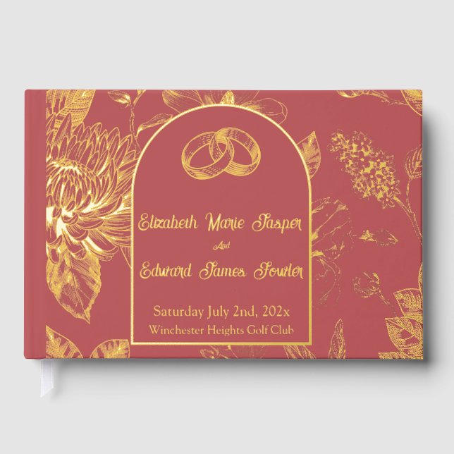 Rich Red French Floral Toile Floral  Guest Book (Front)