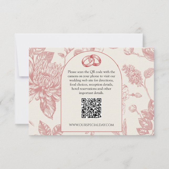 Rich Red French Floral Toile Floral QR Code RSVP Card (Front)