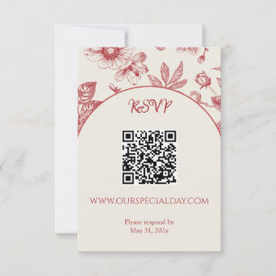 Rich Red French Floral Toile Floral QR Code RSVP Card