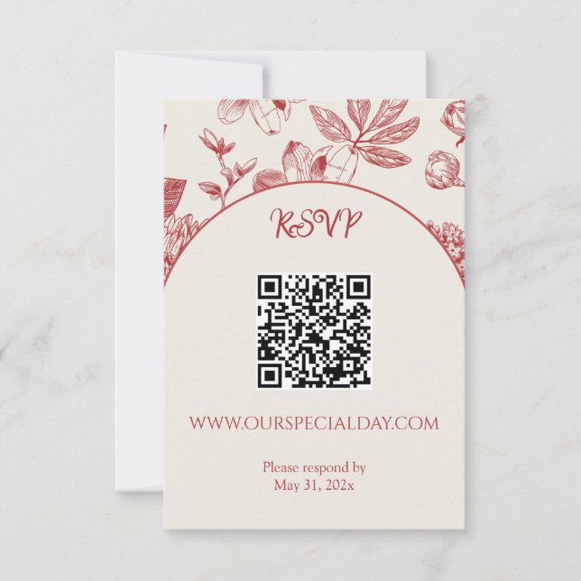 Rich Red French Floral Toile Floral RSVP Card (Front)