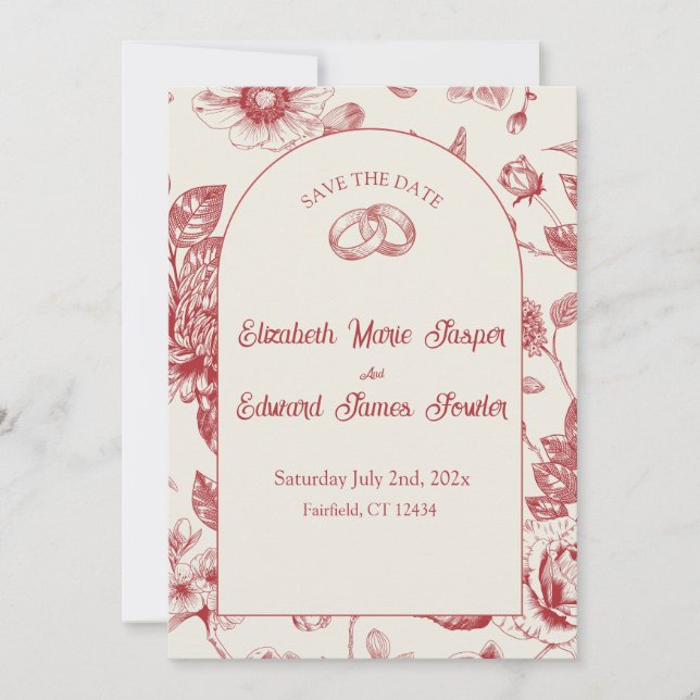 Rich Red French Floral Toile Floral Save the Date Invitation (Front)