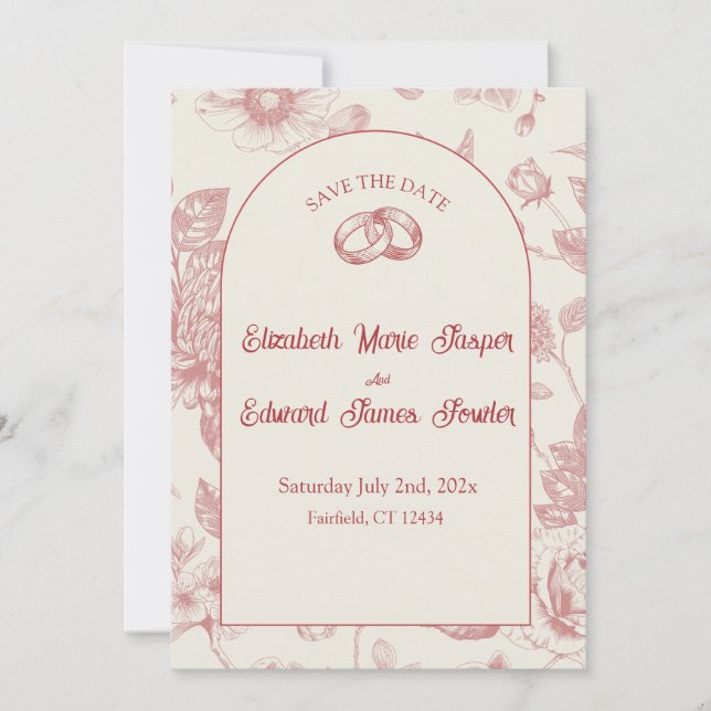Rich Red French Floral Toile Floral Save the Date Invitation (Front)