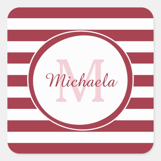 Rich Red Monogram With Contemporary Wide Stripes Square Sticker (Front)