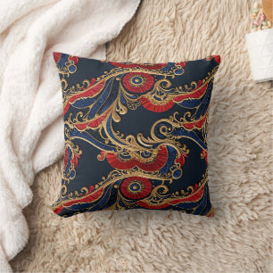 Rich Red, Navy, Gold Floral Scroll Cushion