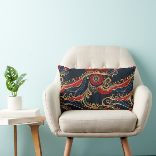 Rich Red, Navy, Gold Floral Scroll   Lumbar Cushion