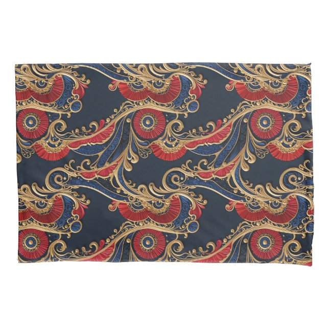 Rich Red, Navy, Gold Floral Scroll Pillowcase (Front)