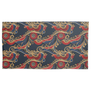 Rich Red, Navy, Gold Floral Scroll  Pillowcase