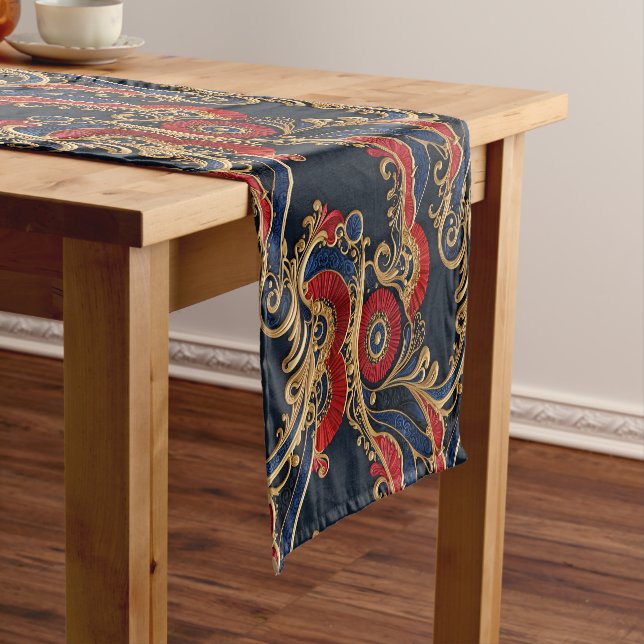 Rich Red, Navy, Gold Floral Scroll Short Table Runner (In Situ)